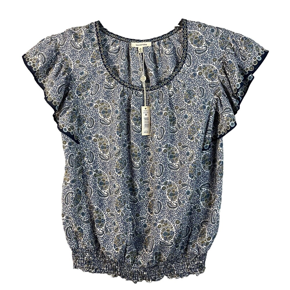 NWT Max Studio Blouse Top Women's M Flutter Sleeve Fairy Smocked Waist MSRP $78